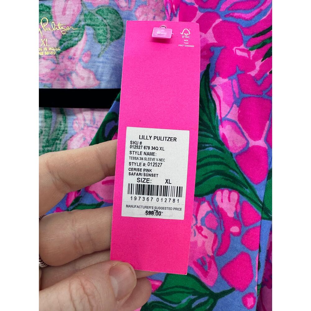 Lilly Pulitzer Women's XL NWT Tessa 3/4 Sleeve V Neck Cerise Pink Safari Sunset - Picture 7 of 13